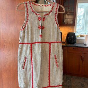 Ella Moss Sleeveless Shift Dress-Gray Tan Stripes-Red Embroidery-Cotton-Small